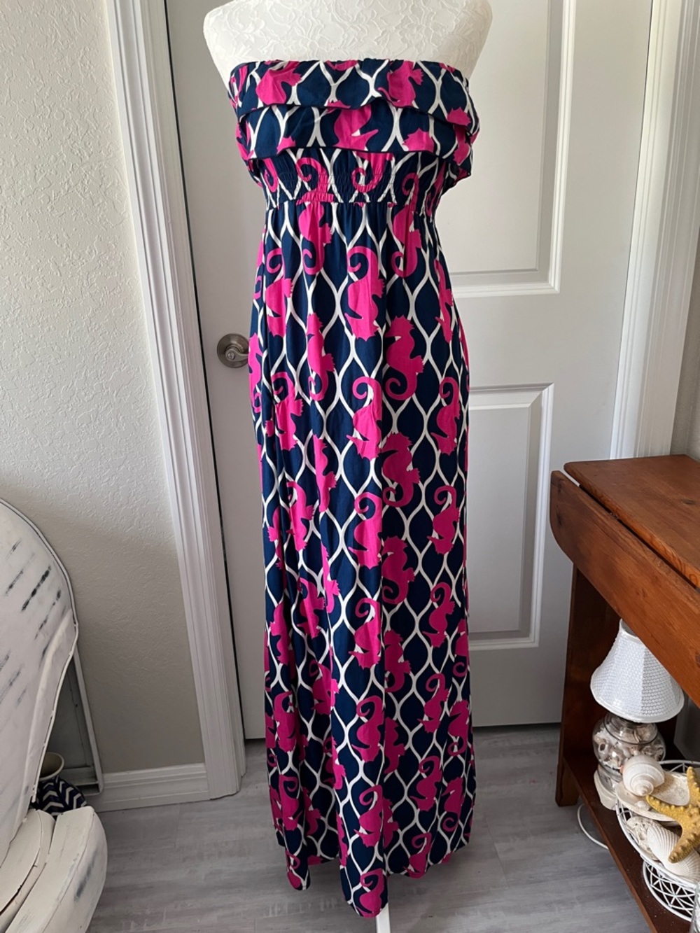 escapada Vibrant Seahorse strapless ruffled Smock High Waist  Maxi Dress SZ S